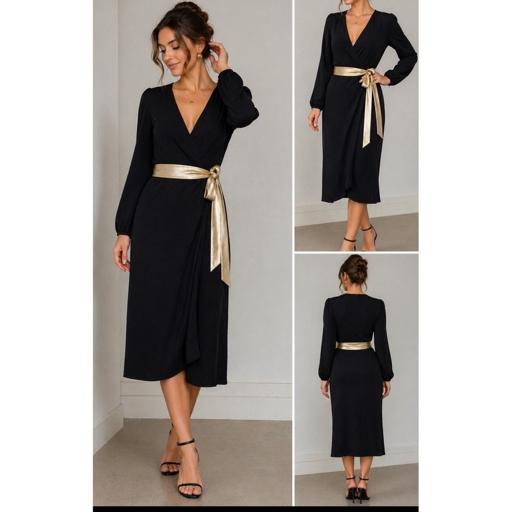 Diane Von Furstenberg Wrap Midi Dress Black Gold Belt Sz 6‎ Cocktail Old Money